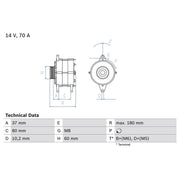 Bosch Car Alternator 12V fits Nissan Primera 1990-1996 1.6