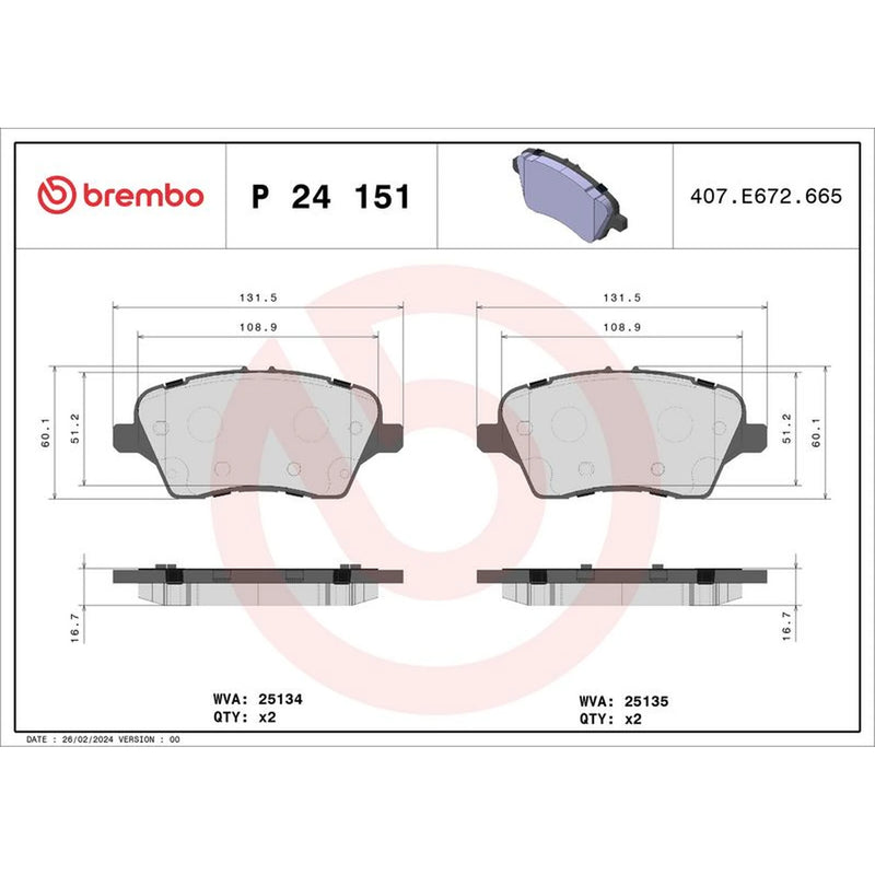 Brembo 4 x Front Brake Pad Set fits Ford B-Max 2012-2017 1.0 1.4 1.5 1.6