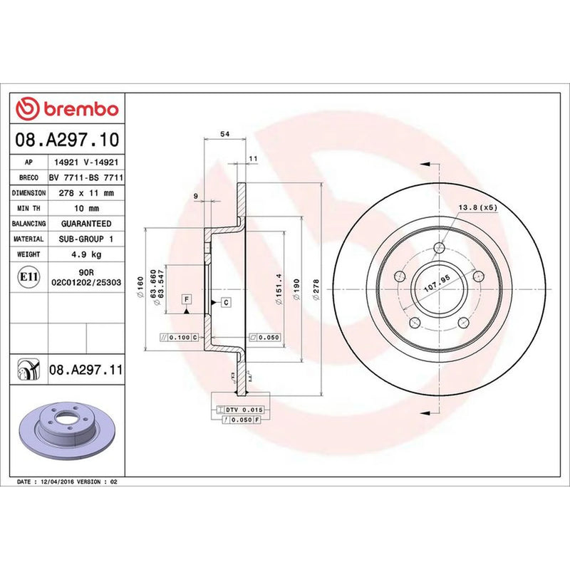 Brembo 2 x Solid Rear Brake Discs 08.A297.11-x2