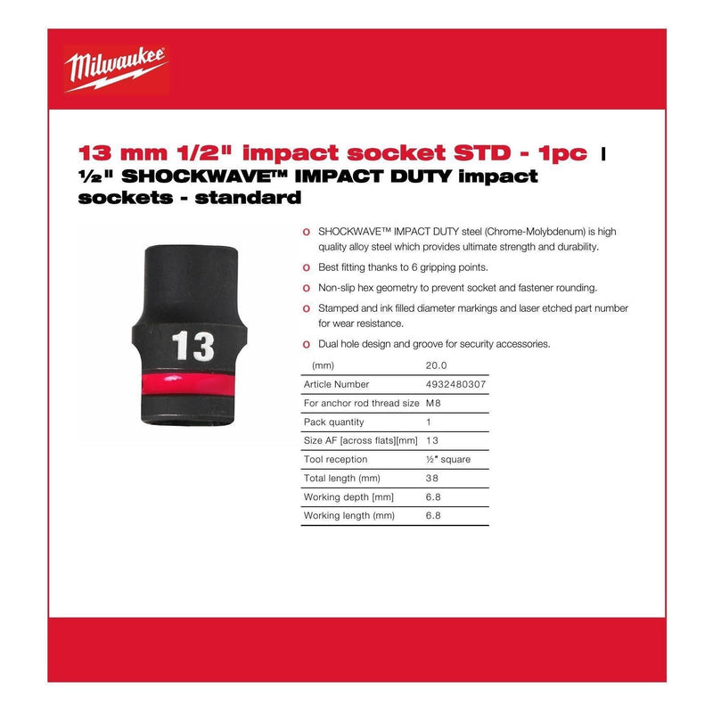 Milwaukee Hex Socket Shw 1/2 Std 13mm-1Pc 4932480307 Milwaukee - Dynamic Drive
