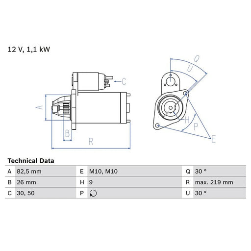 Bosch Starter Motor 12V 1.1kW 9 Teeth fits Ssangyong Rexton II 2002-2006 2.3