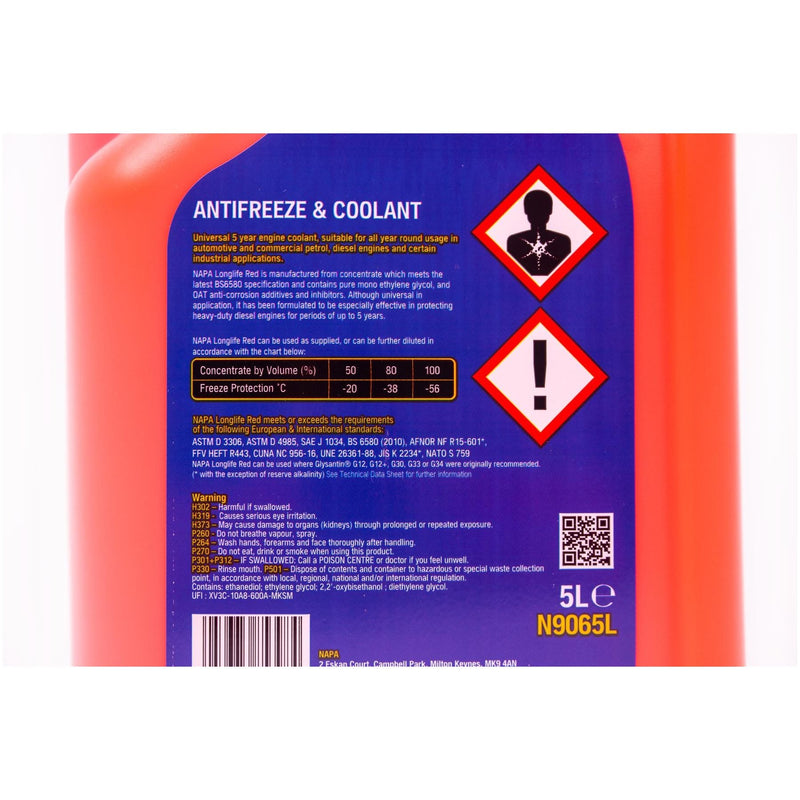 2x NAPA Red Antifreeze & Coolant Concentrate 5L Long Life Hi Spec 5 Litre NAPA - Dynamic Drive