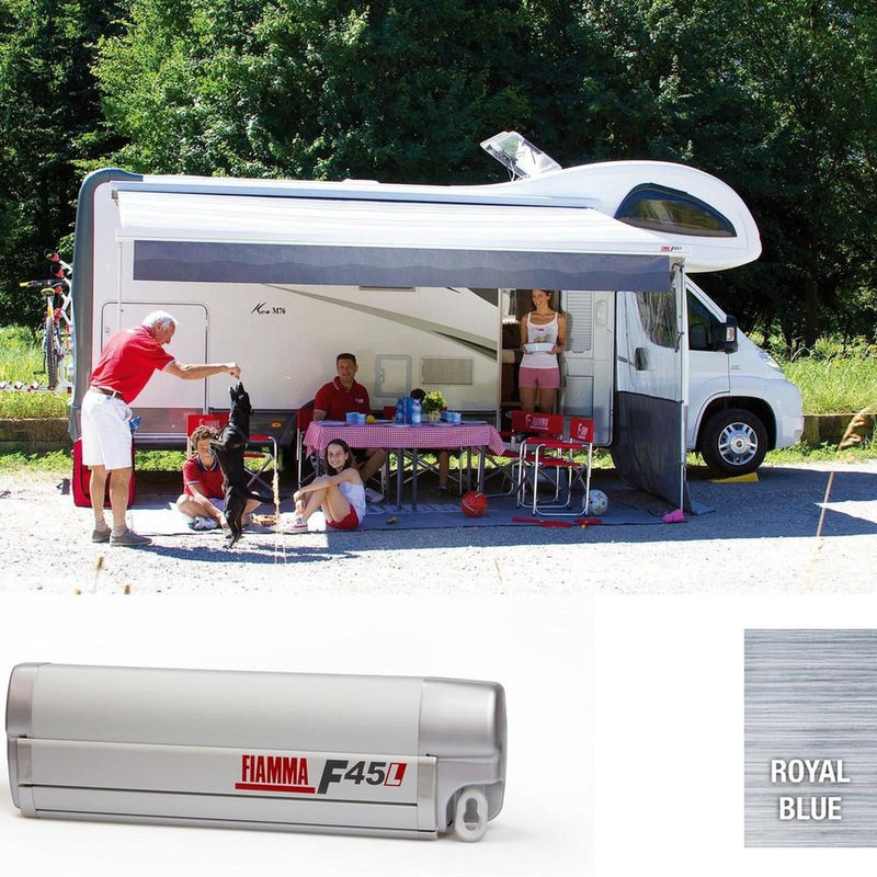 Fiamma Titanium F45L 550 Awning Royal Blue Fabric (06532B01Q) Winch Handle Wall Mounted Fiamma - Dynamic Drive