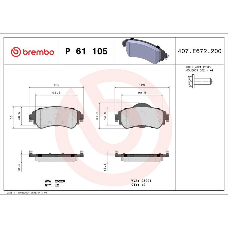 Brembo 4 x Front Brake Pad Set fits Citroën C4 II 2009-2018 1.2 1.4 1.6