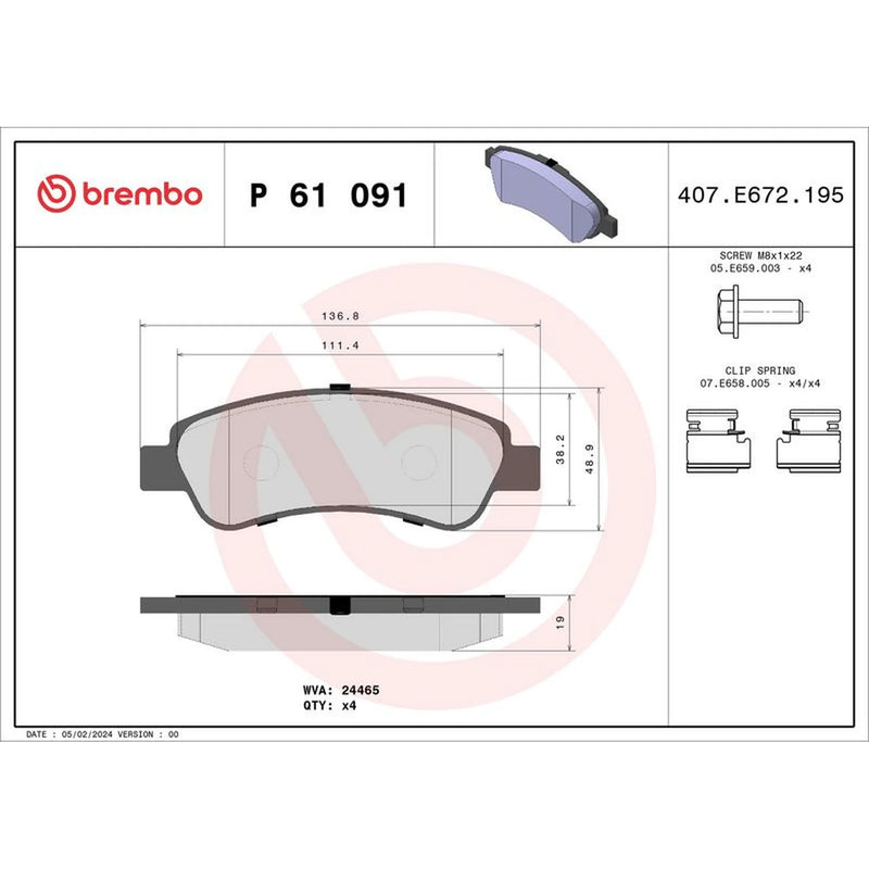 Brembo 4 x Rear Brake Pad Set fits Citroën Relay III 2006-2020 2.2 3.0