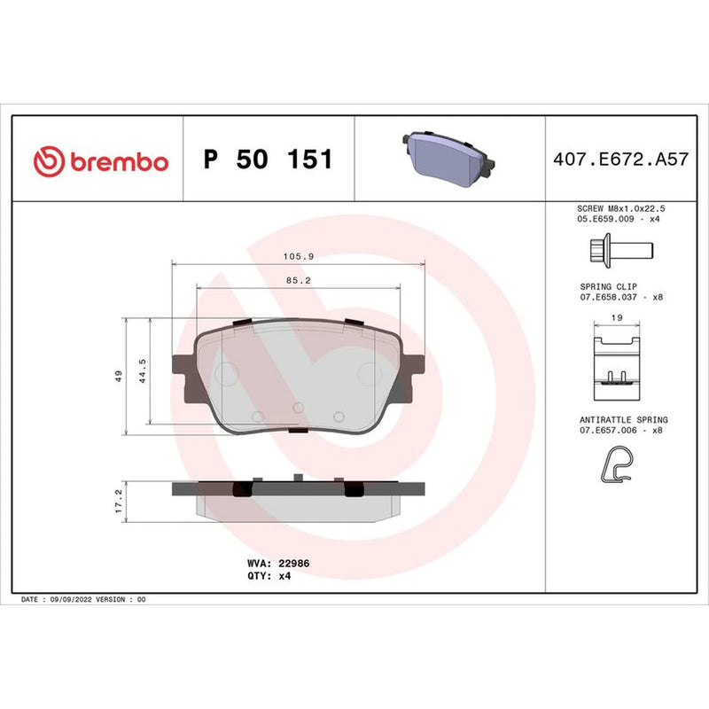 Brembo 4 x Rear Brake Pad Set fits Mercedes-Benz A-Class 2018-2020