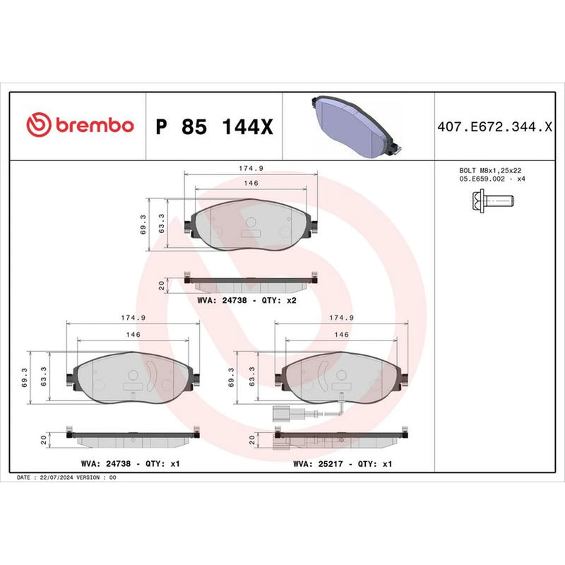 Brembo 4 x Front Brake Pad Set fits Audi A3 2012-2021 1.6