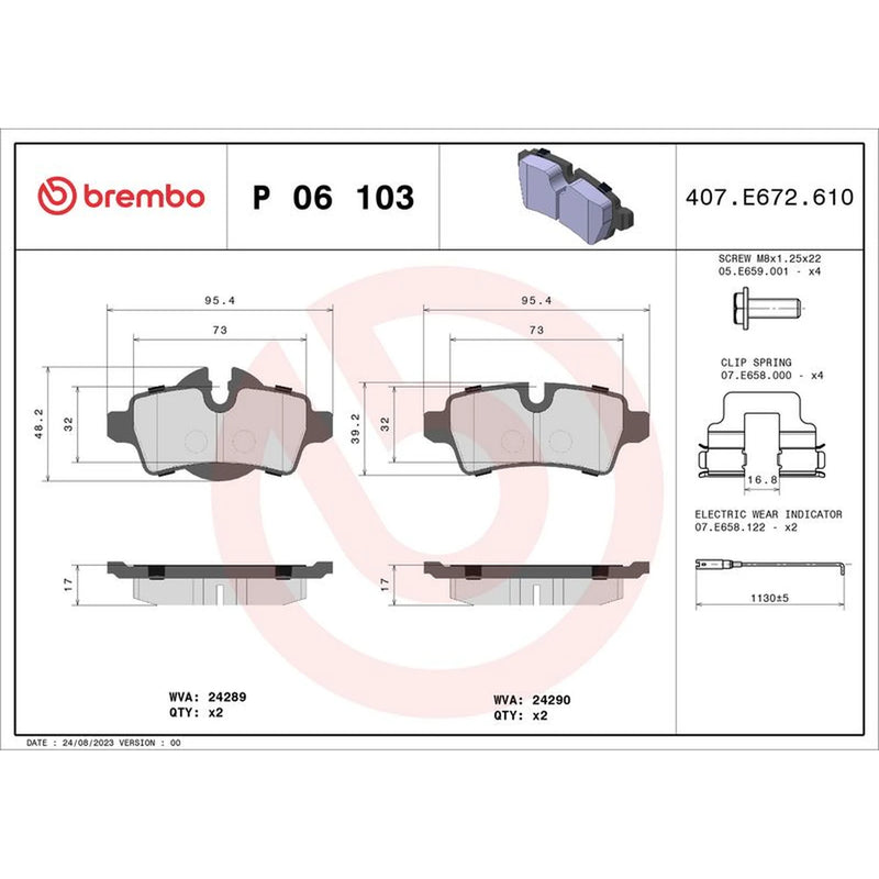 Brembo 4 x Rear Brake Pad Set fits Mini Mini 2006-2015