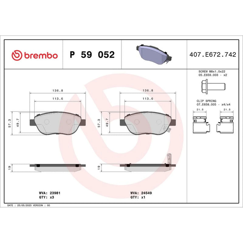 Brembo 4 x Front Brake Pad Set fits Fiat 500L 2012-2014 0.9 1.3 1.4