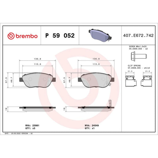 Brembo 4 x Front Brake Pad Set fits Fiat 500L 2012-2014 0.9 1.3 1.4