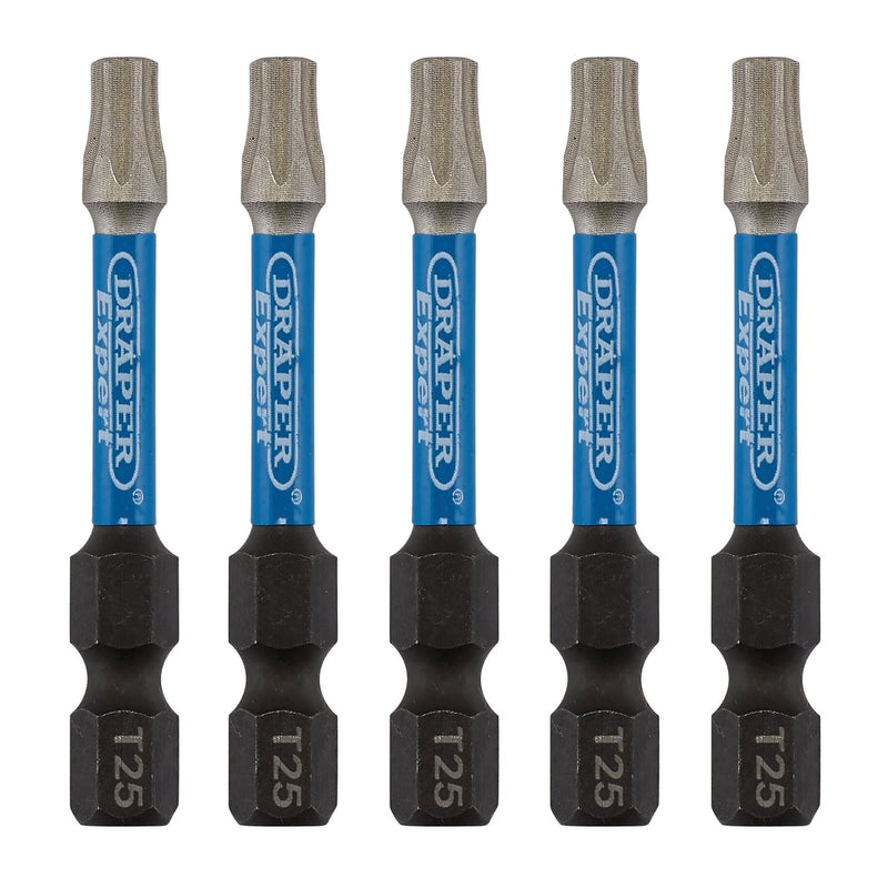 Draper Expert TX-STAR Impact Screwdriver Bits, T25 x 50mm, 1/4" Hex (Pack of 5) Draper - Dynamic Drive