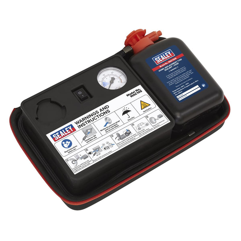 Sealey Tyre Inflator 12V & Emergency Puncture Sealant Kit MAC10S Sealey - Dynamic Drive
