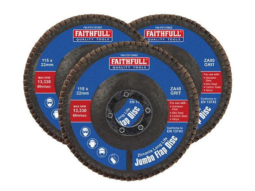 Faithfull Zirconia Abrasive Jumbo Flap Disc 115 x 22mm Mixed Grit (3 Pack) Faithfull - NN4 Online