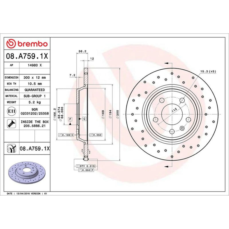 Brembo 2 x Perforated Rear Brake Discs 08.A759.1X-x2
