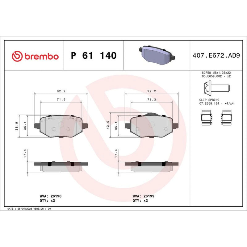 Brembo 4 x Rear Brake Pad Set fits Citroën C3 Aircross II 2024-2025 1.2