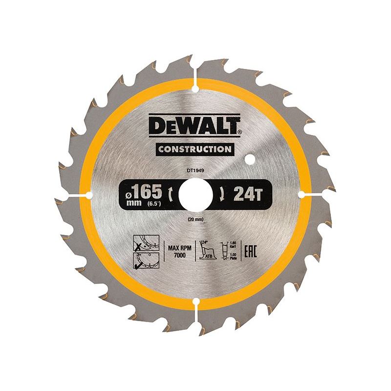 Dewalt Power Tools Cordless Construction Trim Saw Blade 165 x 20mm x 24T DeWALT Power Tools - Dynamic Drive