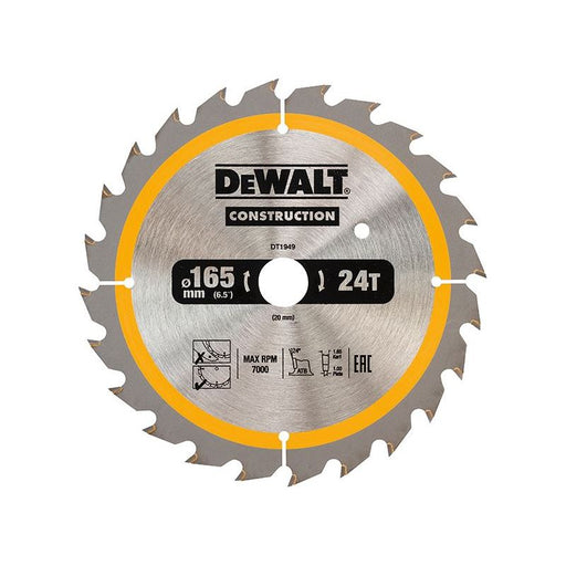 Dewalt Power Tools Cordless Construction Trim Saw Blade 165 x 20mm x 24T DeWALT Power Tools - Dynamic Drive