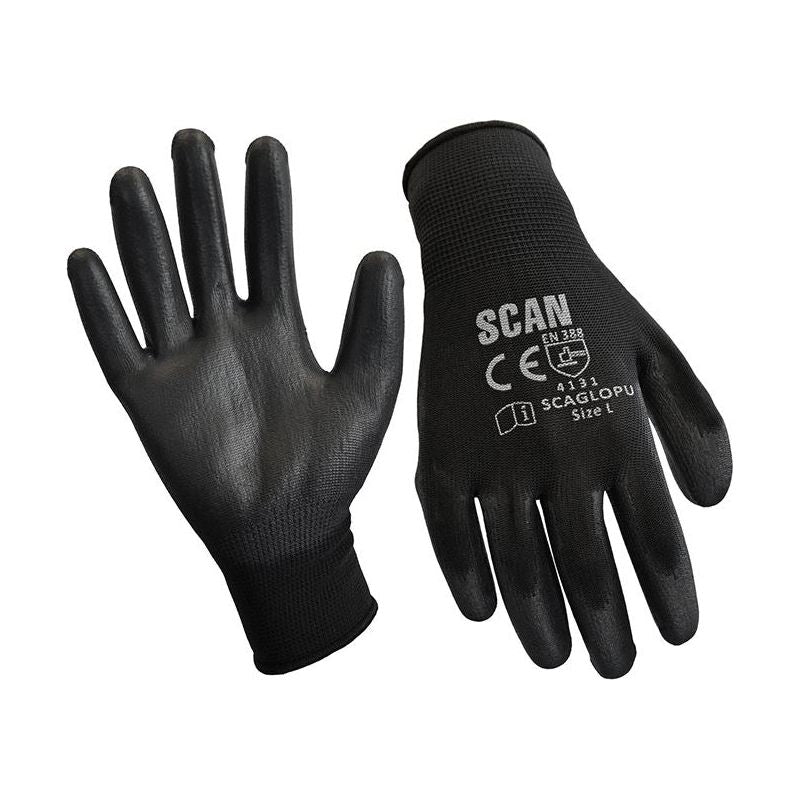 Scan Black PU Coated Gloves - M (Size 8) (12 Pairs) Scan - Dynamic Drive