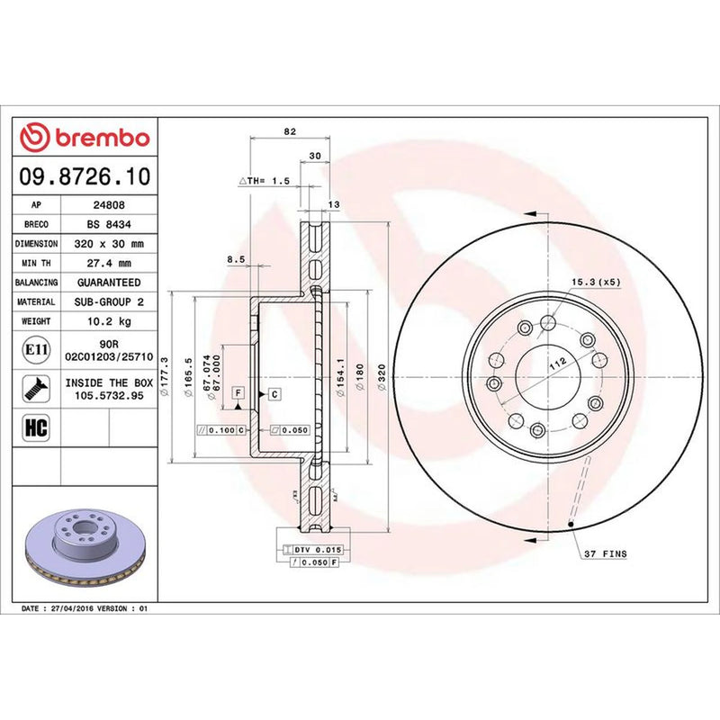 Brembo 2 x Internally Vented Brake Discs fits Mercedes-Benz S-Class 1991-1999