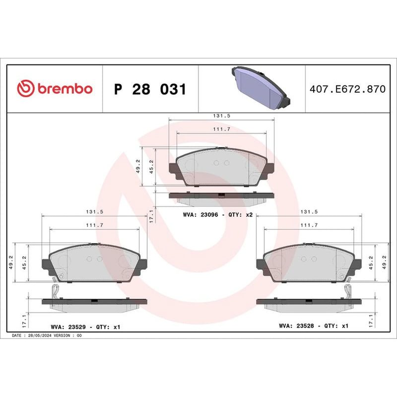 Brembo 4 x Front Brake Pad Set fits Honda Accord VI 1998-2002 1.6