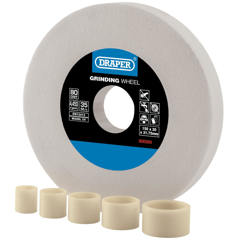 Draper Aluminium Oxide Bench Grinding Wheel, 150 x 20mm, 80 Grit, White 99569 Draper - Dynamic Drive