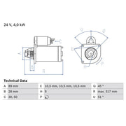 Bosch Starter Motor 24V 4kW 9 Teeth fits Iveco P/Pa-Haubenfahrzeuge 1989-1993