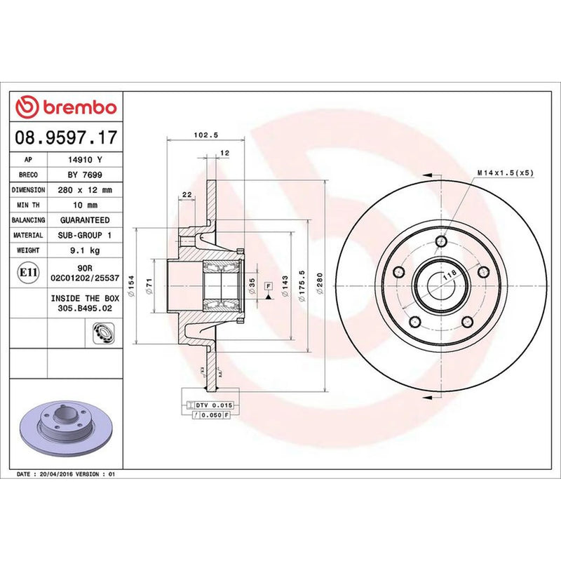 Brembo 2 x Solid Rear Brake Discs 08.9597.17-x2