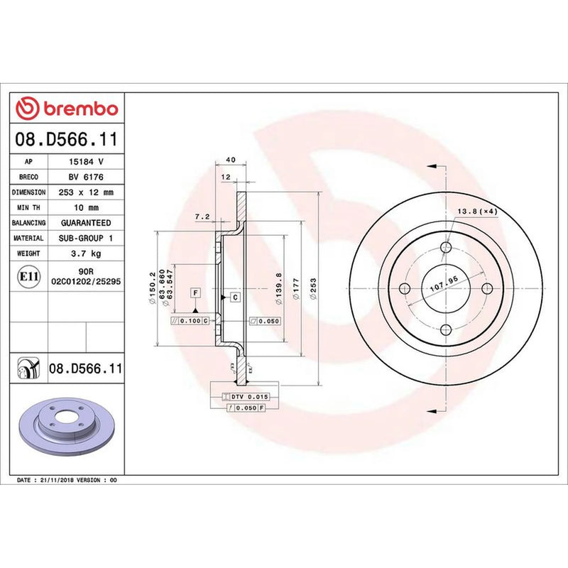 Brembo 2 x Solid Brake Discs fits Ford Fiesta VII 2017-2021 1.0 1.1 1.5