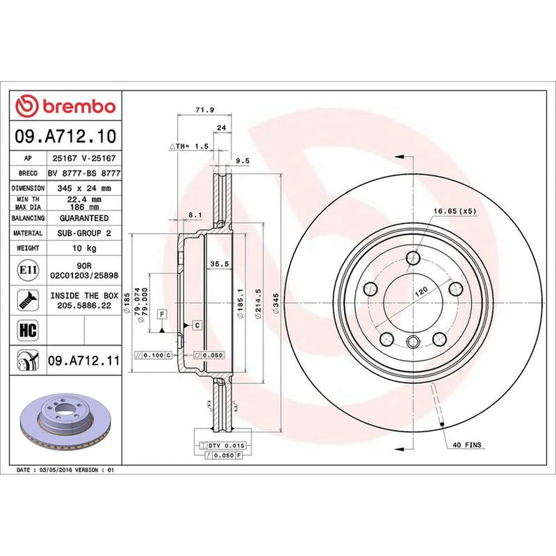Brembo 2 x Internally Vented Brake Discs fits BMW 7 2002-2008