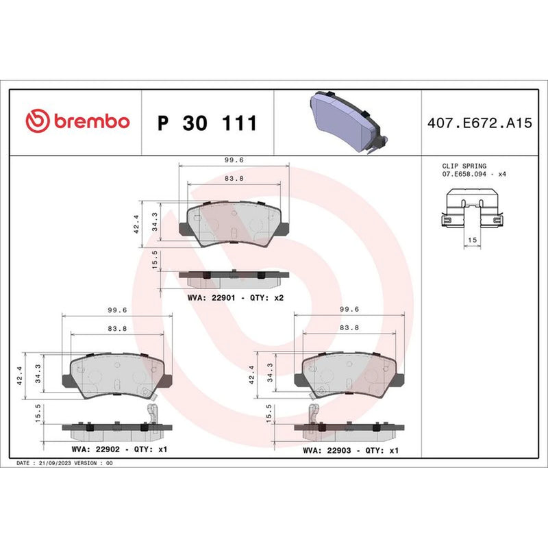 Brembo 4 x Rear Brake Pad Set fits Kia Picanto II 2011-2017 1.0 1.2