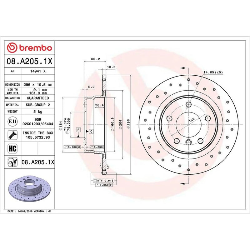 Brembo 2 x Perforated Rear Brake Discs 08.A205.1X-x2