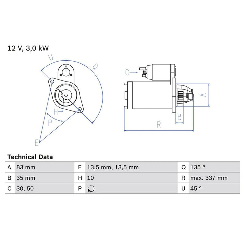 Bosch Starter Motor 12V 3kW 10 Teeth fits John Deere Series 2050 1983-1986
