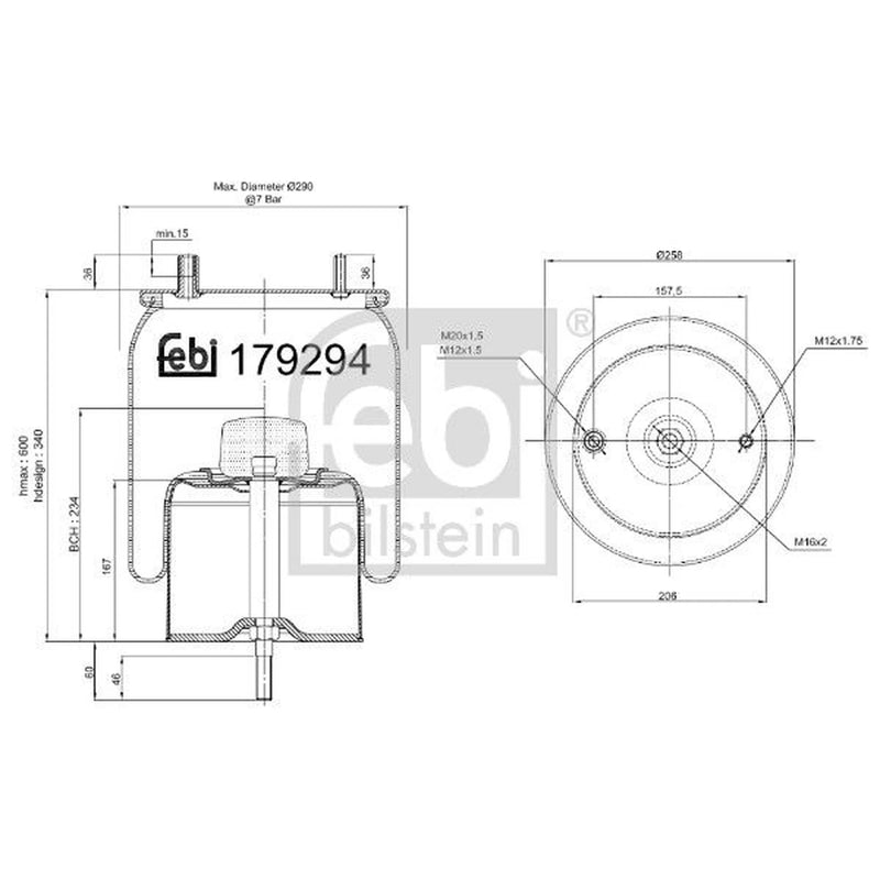 Febi Air Suspension Bellow 258mm Right 179294