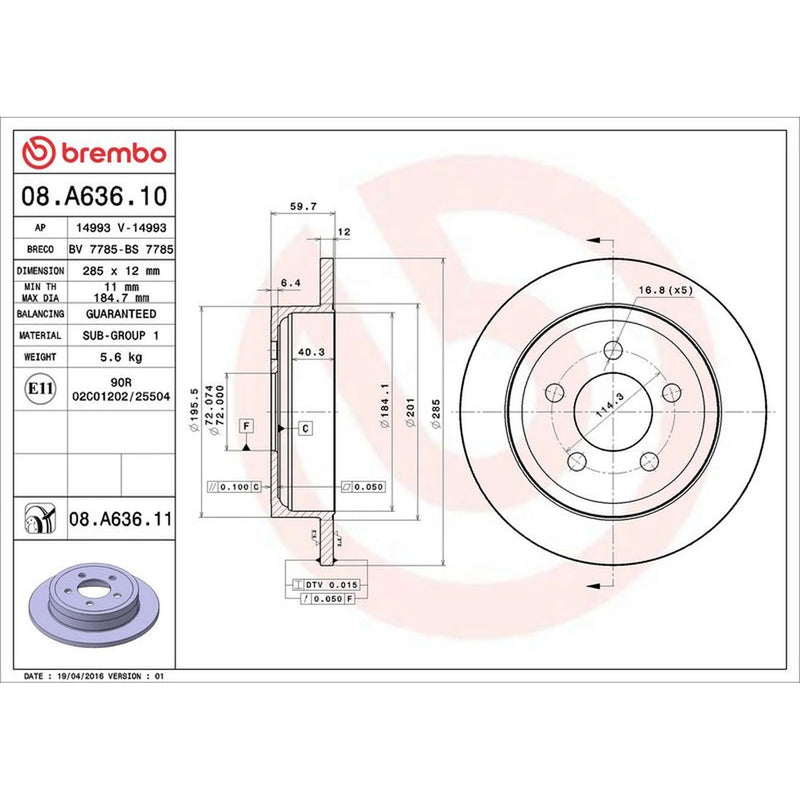 Brembo 2 x Solid Rear Brake Discs 08.A636.11-x2
