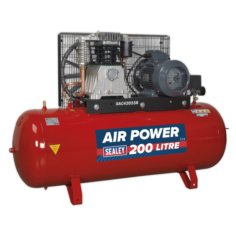 Sealey Air Compressor 200L Belt Drive 5.5hp 3ph 2-Stage with Cast Cylinders Sealey - Dynamic Drive