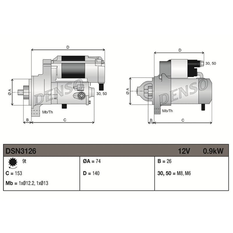 Denso Starter Motor 12V 0.9kW 9 Teeth fits Mini Mini 2001-2008