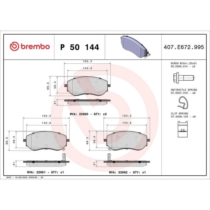 Brembo 4 x Front Brake Pad Set fits Mercedes-Benz X-Class 2017-2020