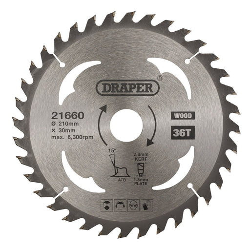 Draper TCT Circular Saw Blade for Wood, 210 x 30mm, 36T 21660 Draper - Dynamic Drive