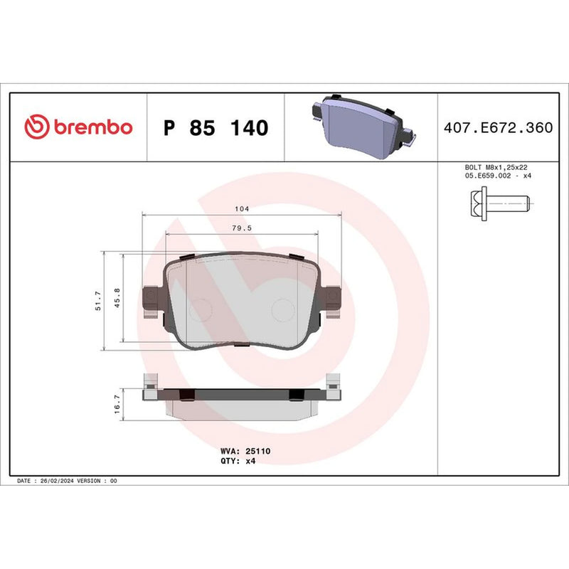 Brembo 4 x Rear Brake Pad Set fits Audi A1 2011-2018 1.4 1.8 2.0