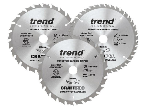 Trend CraftPro Cordless Saw Blade 165 x 20mm x 24T/40T (Pack 3) Trend - Dynamic Drive