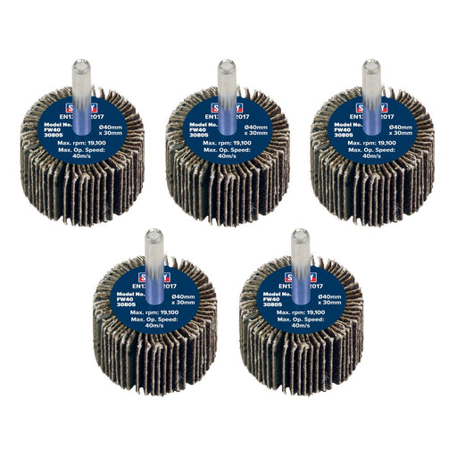 Sealey 40 x 30mm Abrasive Flap Wheel on 6mm Shaft 80Grit - Pack of 5 FW4030805 Sealey - Dynamic Drive