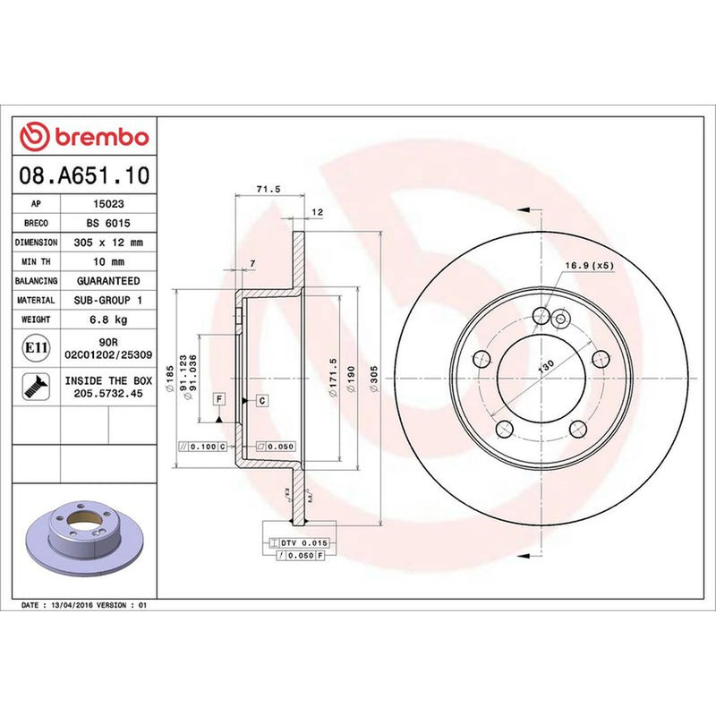 Brembo 2 x Solid Rear Brake Discs 08.A651.10-x2