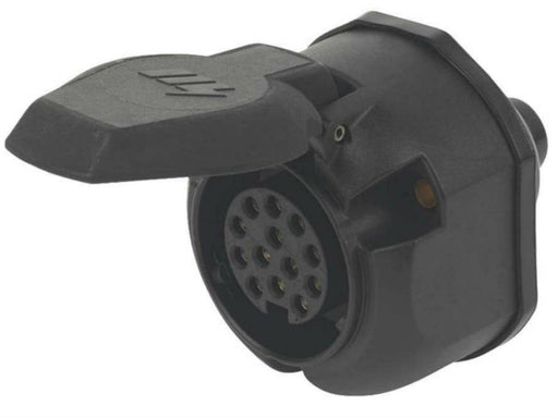 Milenco 13-pin plastic caravan socket with cover open showing pin terminals