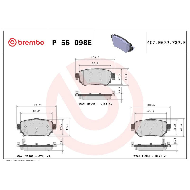 Brembo 4 x Rear Brake Pad Set fits Nissan Leaf 2017 on
