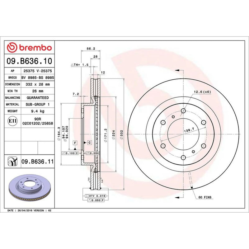 Brembo 2 x Front Brake Discs 09.B636.11-x2