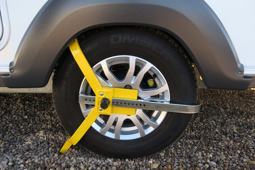 Milenco Lightweight Wheelclamp fitted to a caravan alloy wheel