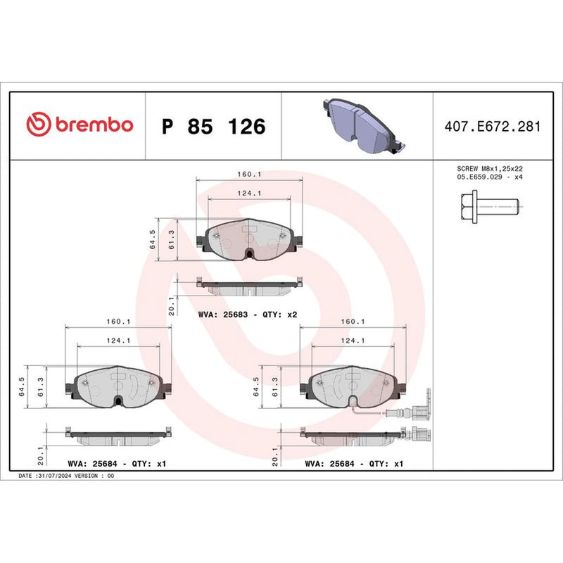 Brembo 4 x Front Brake Pad Set fits Audi A3 2012-2021 1.0 1.2 1.4 1.5 1.6 1.8