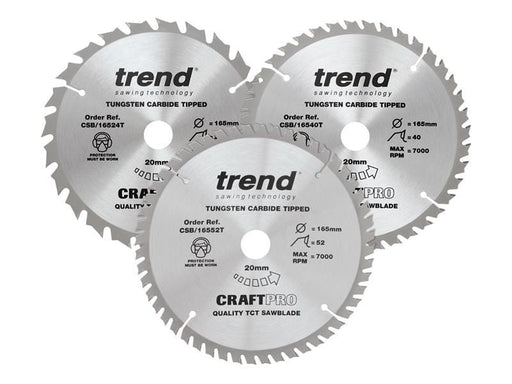 Trend CraftPro Cordless Saw Blade 165 x 20mm x 24T/40T/52T (Pack 3) Trend - Dynamic Drive