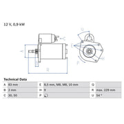 Bosch Starter Motor 12V 0.9kW 9 Teeth 0 986 016 790