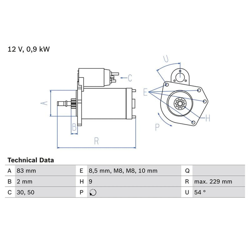 Bosch Starter Motor 12V 0.9kW 9 Teeth 0 986 016 790